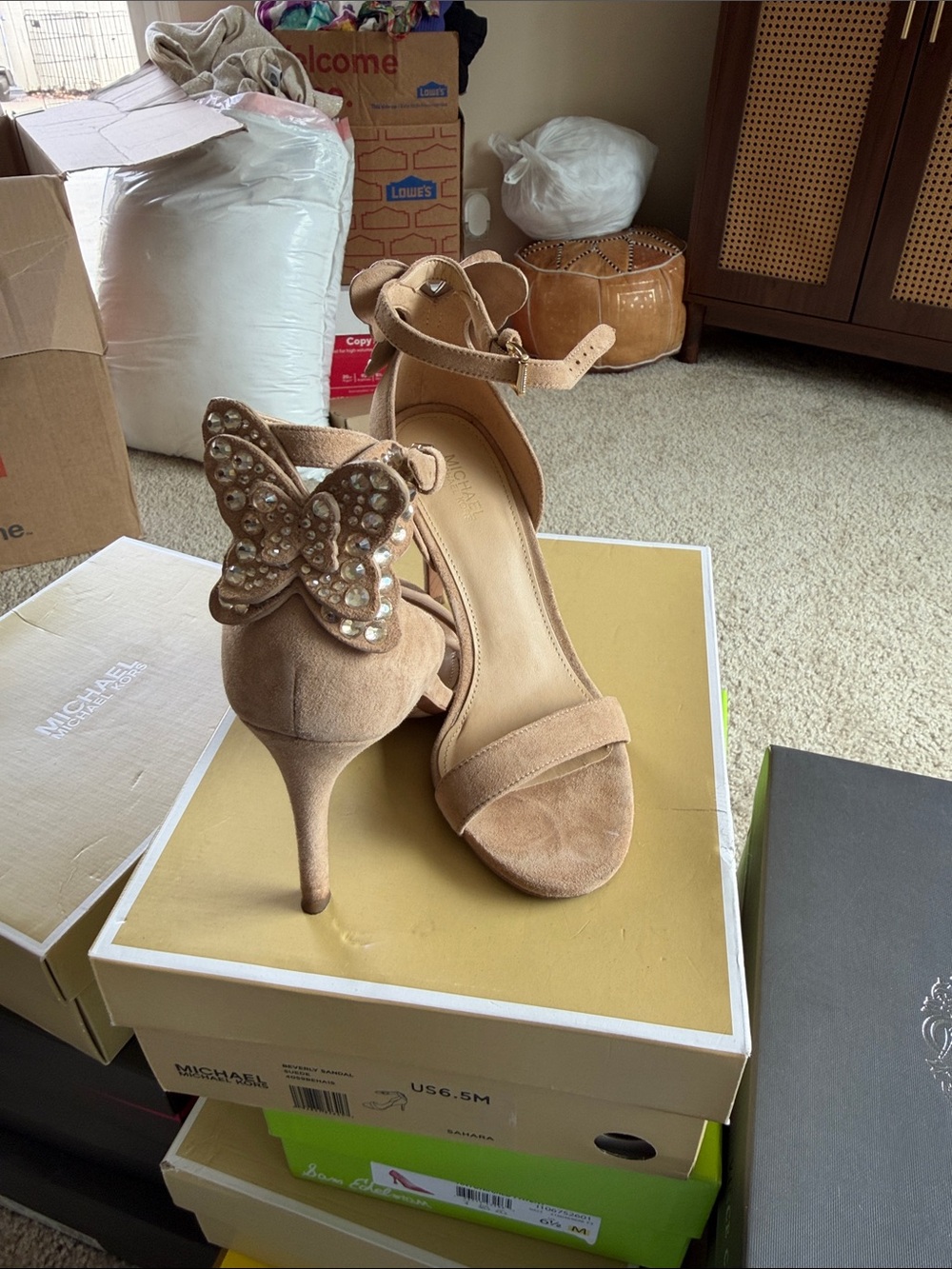 Michael Kors Tan Suede Open-Toe Butterfly Strap Heels